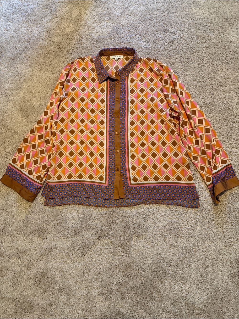 Rose & Olive Pink and Brown Geometric Button-Up Blouse